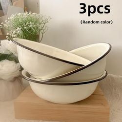 TEMU 3pcs High-quality Enamel Basin Soup Bowl Thick And Durable Dinner Plate, Home Fruit Bowl Snack Bowl, Kitchen Supplies Mixed Retro Salad Bowl,