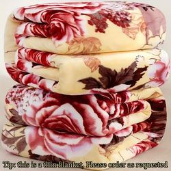 TEMU Cozy Flannel Blanket With - Soft, Warm, And Winter Snuggling, Hand Wash Only, Light Brown With Red And White Flowers