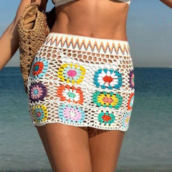 Sexy femmes tricoté évider main crochet fleur bloc épissage maillots de bain couvertures plage vacances transparent crème solaire jupe courte