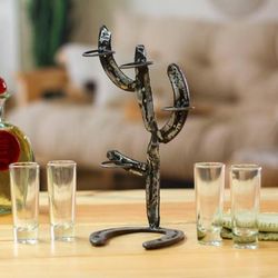 'Cactus-Themed Recycled Iron Tequila Glass Stand 4-Piece Set'
