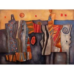 Discovery,'Modern Textured Cubist Abstract Mixed Media Collage'