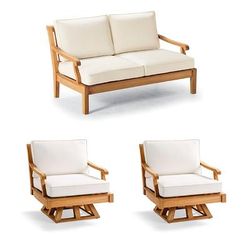 Cassara 3-pc. Loveseat Set with Two Swivel Lounge Chairs in Natural Teak - Quick Dry, Garnet - Frontgate