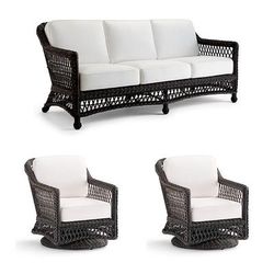 Hampton 3-pc. Sofa Set with Two Swivel Lounge Chairs in Black Walnut Wicker - Quick Dry, Sailcloth Aruba - Frontgate