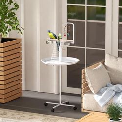 TEMU Bird Table, Bird Feeding Station With Wheels, Perches, Stainless Steel Feed Bowls, Round Tray For Indoor - White