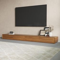 95" Modern Wood TV Stand, Walnut Veneer TV Console, Rectangular Media Console with Storage, on the Ground TV Console, Fully-Assembled, Perfect for 85-inch TVs