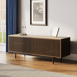 59.06"Mid-Century Modern Matte Sintered Stone Tabletop TV Stand,Slatted Door TV Console, Walnut Color Media Console
