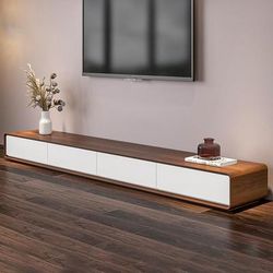 95" Modern Soild Wood TV Stand,Minimalist Lowline Media Console with 4 Drawers, Walnut Veneer & White, Fully-Assembled, Perfect for 85-inch TVs