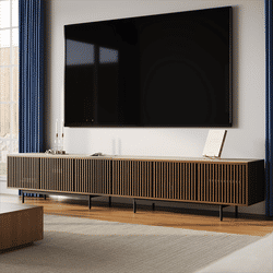 118.11"Mid-Century Modern Matte Sintered Stone Tabletop TV Stand,Slatted Door TV Console, Walnut Color Media Console