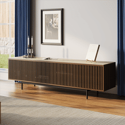 78.74"Mid-Century Modern Matte Sintered Stone Tabletop TV Stand,Slatted Door TV Console, Walnut Color Media Console