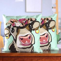'Whimsical Cow-Themed Embroidered Cotton Cushion Cover Pair'