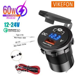 60W Car Charger Socket with Voltage Display USB Type C PD+QC3.0 Dual Port for 12V/24V Motorcycle Truck Boat Phone Fast Charging