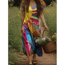 Per donna Abito maxi Vestito Casual Abito a trapezio Bohemien Vacanza Vintage Quotidiano Vacanza Vestibilità regolare Floreale Manica Corta Scollo a V Giallo Verde chiaro Arancione Verde Estate