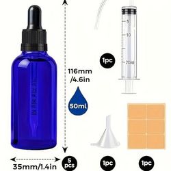TEMU 5pcs Blue Glass Dropper Bottles With Pipettes, 30/50ml Reusable Set For Hair Oil, Perfumes & Cosmetics - Includes Syringe, Needle, Funnel & Stickers