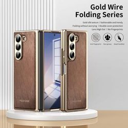 TEMU Electroplated Gold Wire Grain For Fold 6 / Fold 5 / Fold 4 Folding Screen Mobile Phone Protective Case With Pc Frosted Back Plate + Aluminum Alloy Buttons