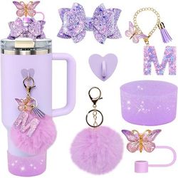 TEMU 6pcs Tumbler Cup Accessories Set - Straw Topper Cover Cap, Bling Bow For Straw, Sparkly Silicone Boot, Letter Charm And Pompom For Water Bottle Cups Tumbler 40oz 30oz 20oz