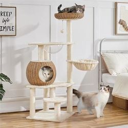 TEMU Yaheetech 137.5cm Cat Tree Rattan Cat Tree Tower W/wicker Condo, Acrylic , Detachable Cushions, Scratching Posts, Cat Activity Centre For Indoor Small/medium Cats, Beige