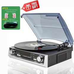 TEMU A Vinyl Record Player With 2 Belts And 2 , A Vinyl Record With Built-in Speakers, Turntable, 3-speed, Belt-driven Vintage Gramophone, Fm Radio, 3.5 Output Jack, Line Output, Headphone Jack.
