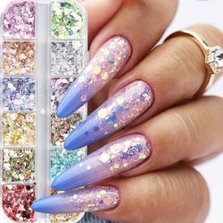 TEMU 12-grid Holographic Mermaid Nail Art Stickers, 3d Rainbow Glitter Flake, Ultra-thin Shiny Sequins, Hypoallergenic Rectangle Nail Art Accessories For Women