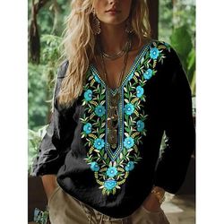 Blusa boho da donna floreale grafica paisley bohemia vintage tropicale maniche 3/4 collo a V top regolari bianco rosa verde estate primavera