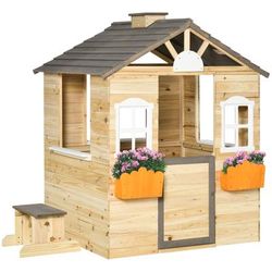 TEMU Wooden Playhouse For Kids Outdoor House With Door, Windows, Bench, Service Stations, Flowerpot Holder, 3-7 Years