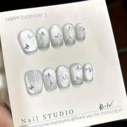 TEMU Set Of 10 Premium Silvery Cat-eye Artificial Nails, Featuring A Short Cat-, ' Nail Art.