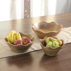 'Wavy-Themed 3-Piece Light Brown Mango Wood Serving Bowl Set'