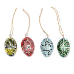 'Set of 4 Oval Wood Ornaments Hand-Carved and Painted in Bali'