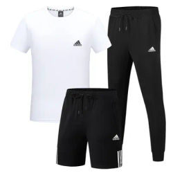 Adidas Sports Suit Men Short-Sleeved T-shirt Long Pants and Short Pants Solid Color Embroidered Logo Three-piece Suit Black