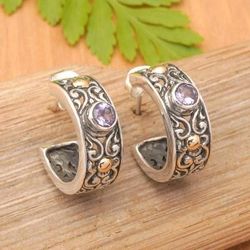 Swirling Purple,'18k Gold-Accented Silver Amethyst Half-Hoop Earrings'