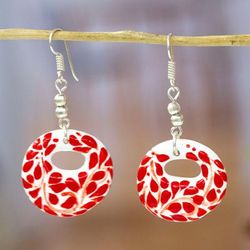 Leafy Love,'Handmade Romantic Red Ceramic Dangle Earrings from Mexico'