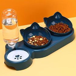 TEMU Five-color Pet Bowl With Water Dispenser, 3-in-1 Ear Design Tilted Cat Water And Food Bowl, With Gravity Water Bottle, For Neck Protection