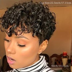 TEMU Brazilian Virgin Human Hair Cut Wig With Bangs - 180% Density Short Curly Bob Wig For Women, Natural Look, No Lace Front, Cap, 22”-27” Lengths For Daily Use, Cosplay & Parties, Hair Wig