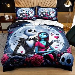 TEMU Bed 3pcs Setromantic Night With Jack And Sallypolyester, Machine Washable, Soft Zipper Closure, Multiple Sizes, Suitable For Home, Cute Character Design Valentine's Day Home Deco