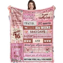 TEMU 1pc 16th Birthday Gift Blanket For Daughter Or Granddaughter - Vintage Floral Print Soft Flannel Throw, 250-300gsm Machine Washable Keepsake With Messages, Blanket