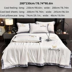 TEMU Cooling Quilt 4pcs Set, 1 Cooling Quilt, 1 Bed Sheet, And 2 Pillowcases, Embroidery Technology, With And Fresh , Light And Breathable, Must-have For Summer Bedroom, As A Gift Or Yourself