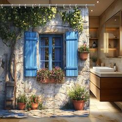 TEMU 1pc Stone Cottage Wall Shower Curtain With Blue Shutters And Potted Flowers - Polyester Fabric Bathroom Decor, Includes 12 Hooks, 70.87 X 70.87 Inches, Rustic Mediterranean Style, Bathroom Decor