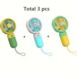 TEMU 3pcs Cute Floral Usb Rechargeable Handheld Fan With Hanging Lanyard - Lightweight, Portable, One-speed Operation For Outdoor