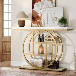 TEMU 4 Story Foyer Table, Entrance Table With Circular Base, Narrow Wooden Decorative Table With Storage Rack, Suitable For Modern Small Storage Tables In Living Rooms, Corridors, And Lobbies