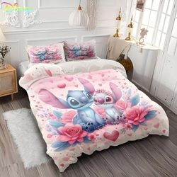 TEMU Valentine's Day Stitch Printed Cartoon Duvet Cover Bedding Sets Including 3pcs: 1 Duvet Cover And 2 Pillowcases, In Sizes For Single And Double Beds.