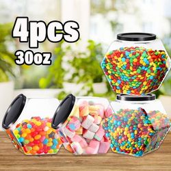 TEMU 4-pack 30oz Hexagon Plastic Candy Jars With Black Lids – Food-safe, For Colorful Treats, Candy Storage And Snacks