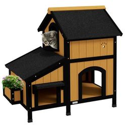 TEMU Pawhut Wooden Outdoor Cat House W/ Flower Pot, Windows, Multiple Entrances