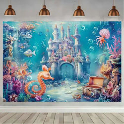 Underwater World Backdrop Summer Mermaid Ocean Castle Kid Birthday Party Cake Smash Decor Banner