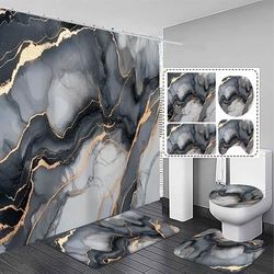 TEMU 1/3/4pcs, Elegant And Gorgeous, Modern Marble Print Shower Curtain And Bath Mat Set - Luxury Bathroom Decor With Non-slip Rugs And Toilet Lid Cover Exquisite And Practical Home Decoration Gift.