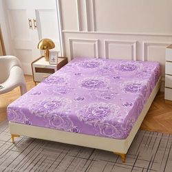 TEMU 1pc Floral Print Reversible Bed Sheet, 100% Polyester Brushed Fabric, -friendly, Breathable, Machine Washable, Use, No Core - Purple