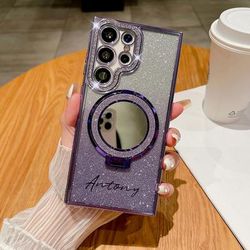 TEMU Diy Custom Name Shiny Mirror Stand Phone Case For Galaxy S25ultra S24ultra S23ultra S22ultra