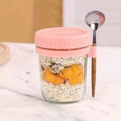 TEMU 1pc Glass Oatmeal Cup With Spoon, Portable Milkshake Yogurt Cup, Salad Mason Jar For Convenience
