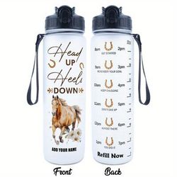 "TEMU 32oz Hsdiokl Horse Daisy Water Bottle - " Heels Down" Design With Custom Name Feature, Leak-proof, Ideal For & Gift, Horse Lover Gifts"