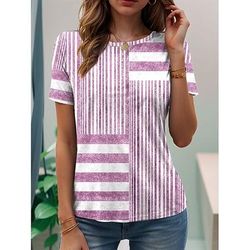Per donna Maglietta Stampato Grafico A righe Vintage Elegante Classico Manica Corta Girocollo Top Regolari Quotidiano Weekend Blu Rosa Viola Grigio Estate Primavera