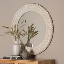 Grazia Modern Round Beaded-framed Accent Mirror in Pearl White by Wholesale Interiors INC in Pearl White (Size ONE SIZE)