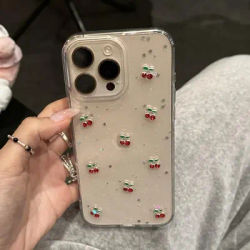 Cute Epoxy Cherry Glitter Clear Phone Case For iPhone 16 15 14 13 12 Pro Max Luxury Sequins Glitter